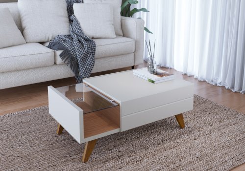 MESA DE CENTRO "NORONHA" 1 GAVETA +PATAS DE MADERA + VIDRIO  BLANCO/CAFÉ #1.536.A0.111A.1 #COLIBRI