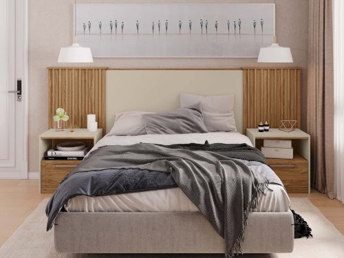 RESPALDAR P/CAMA  KING-QUEEN "LUCIUS" C/MESITAS CAFÉ CLARO / BLANCO #8001900001303 #CAEMMUN